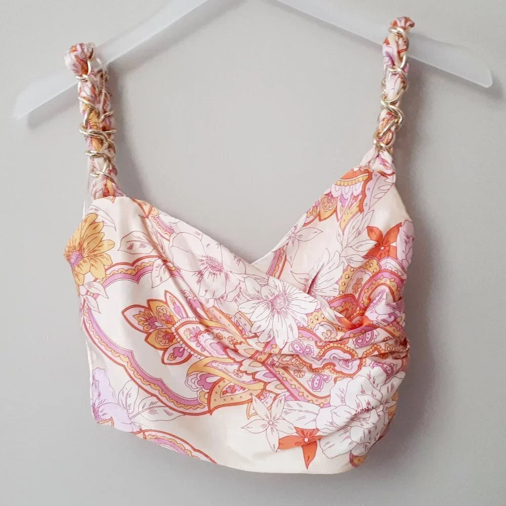 NWOT Zara pink champagne floral printed crop top with chain detail, S - Picture 10 of 10